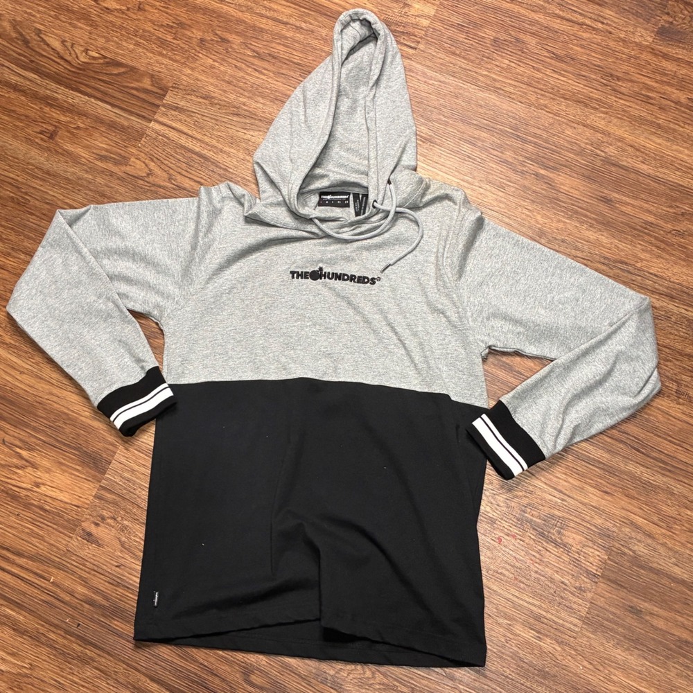 The Hundreds Hoodie Mens Small Gray Black Colorblock Spellout Streetwear